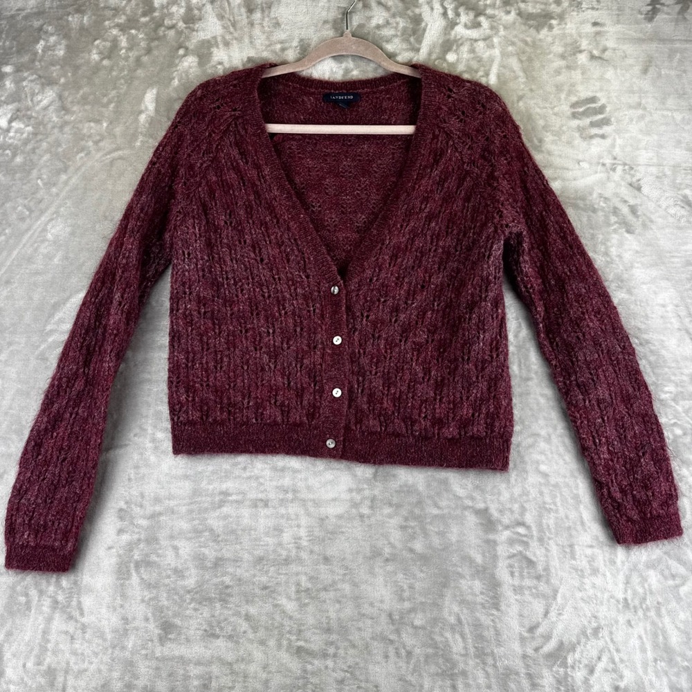 Lands' End Cardigan Women M/P Burgundy Mohair Wool Pointelle Knit (1525)